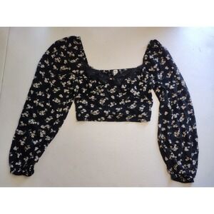 BP Floral Lace Trim Square Neck Cropped Long Sleeve Top XS Black Pink White